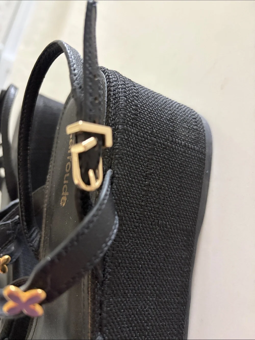 Larroude Black Harmony Sandals with Gold Flower Accents